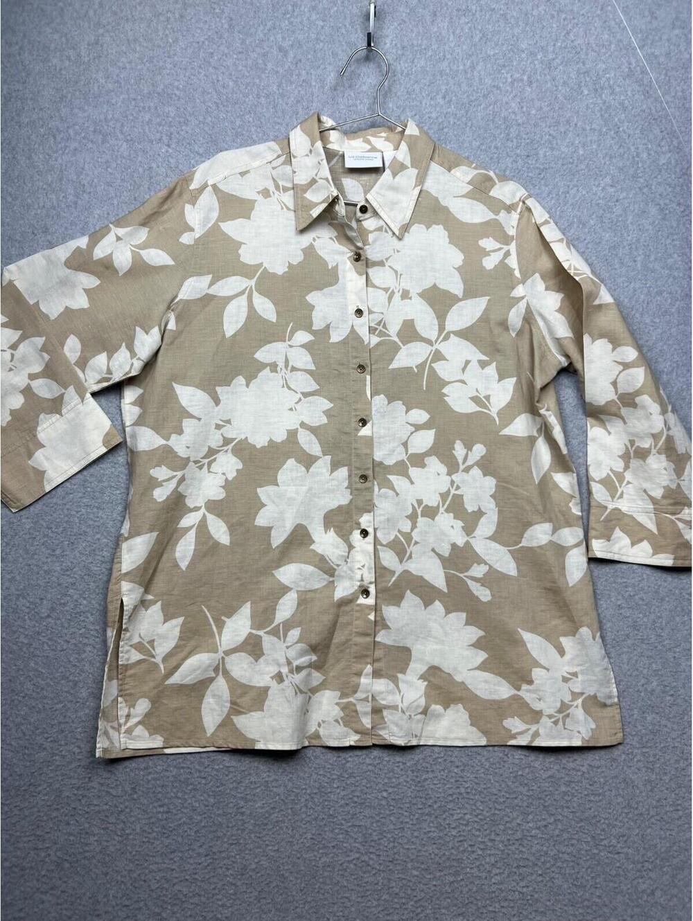 Liz Clalborne Womens Linen Cotton Button Up Top Size L Floral Beachy Lightweight